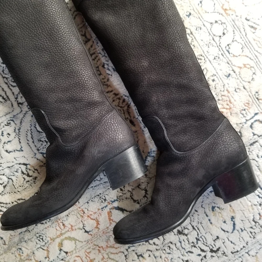 LOUIS VUITTON Black Grained Leather Suede Knee High Boots 35.5 - Picture 12 of 17